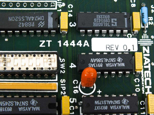 Ziatech ZT 1444A close-up of component side showing model label 'ZT 1444A REV 0.1', Ziatech silkscreen, and visible ICs including DM74ALS520N, 74LS08N, SN74LS86AN, SN74ALS245N, SN74ALS175N