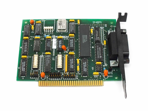 Ziatech ZT 1444A IEEE 488 GPIB 8-bit ISA interface card — component side showing multiple ICs, DIP switches, yellow capacitors, Ziatech label, and bracket-mounted GPIB connector
