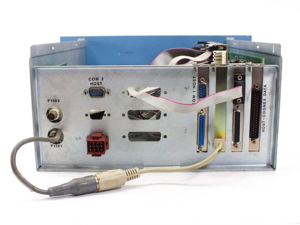 Hughes WD-12778 rear I/O panel showing COM 1 HOST, COM 2 HOST DB9 ports, HOST-COGNEX DATA DB25 connector, P1101 and P1102 coax ports, and multi-pin connector