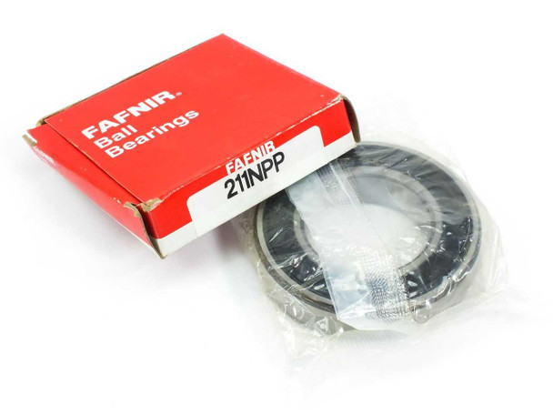 Fafnir 211NPP deep groove ball bearing shown beside its original red Fafnir Ball Bearings box, bearing still in plastic wrap