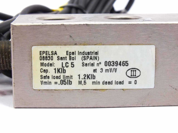 Epelsa LC 5 load cell rating label showing model, serial number, 1Klb capacity, 3mV/V output, and safe load limit