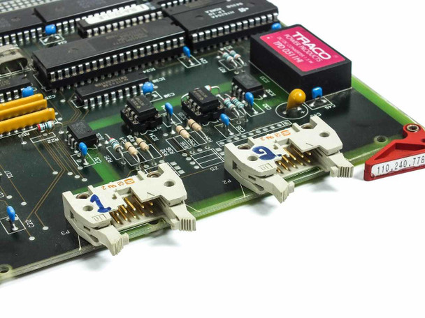 Netstal SLA Bitbus Board – close-up of two white terminal connectors labeled P2 and P1 with red ejector bracket showing part number 110.240.7781