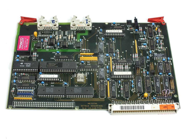 Netstal SLA Bitbus Interface Board 110.240.7781 – full front component side view showing ICs, Traco TPD 0511HI DC/DC converter, and edge connector