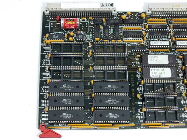 Netstal MEM2 board upper-right quadrant showing firmware EPROM sockets labeled DVD_F60 EVN and PAC.EVN 13.5.4