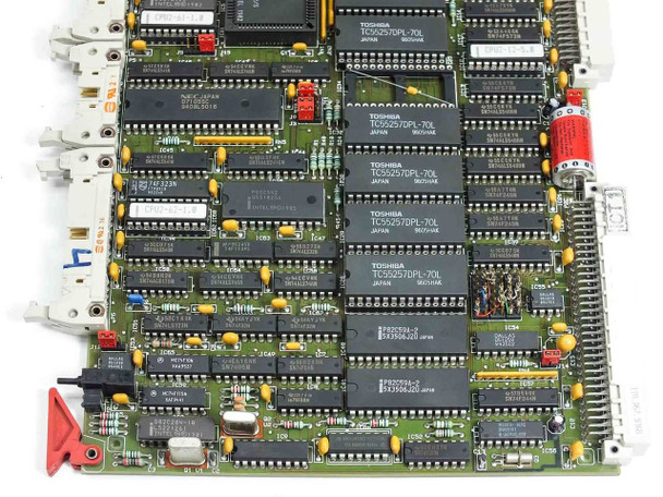 Netstal Sycap CPU 286 board close-up upper-right — Toshiba TC55257DPL-70L SRAM ICs, Fujitsu FR2531-2 chips, NEC Japan ICs, yellow capacitors