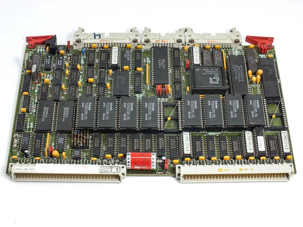 Netstal 100.240.7771 Sycap CPU 286 board top view — full PCB with dual edge connectors, multiple DIP ICs, large QFP chip, and yellow tantalum capacitors