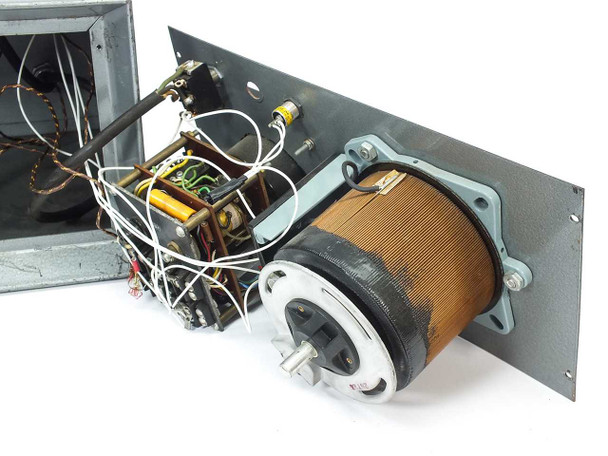 SE Variac autotransformer toroidal coil and front panel assembly removed from enclosure, wiring harness visible