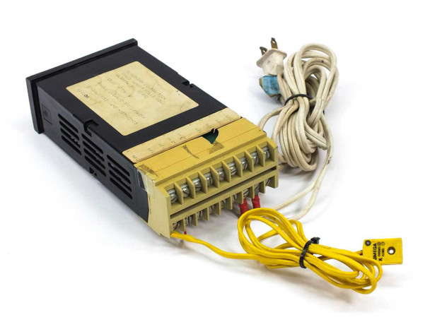 Eurotherm 840 digital temperature monitor — rear three-quarter view showing terminal block wiring and included cables
