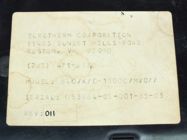 Eurotherm 840/K/0-1300C/MVO label — model number, serial number, Rev 011, Eurotherm Corporation Reston VA