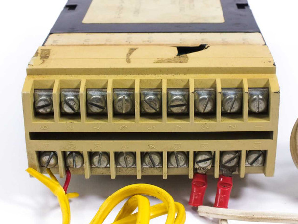 Eurotherm 840 — rear terminal block close-up showing screw terminals with yellow and red wiring