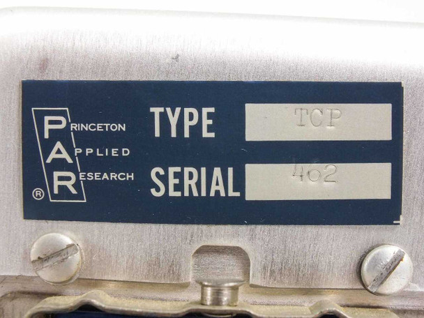 Princeton Applied Research PAR nameplate close-up showing Type TCP and Serial 402 on blue label