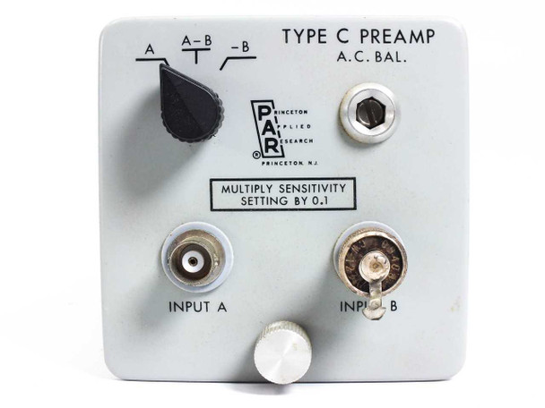 Princeton Applied Research PAR Type C Preamp front panel close-up – input mode rotary switch, AC Balance knob, dual BNC inputs, and sensitivity multiplier label