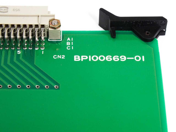 Jeol EXPNDR-S backplane card — close-up of right corner showing BP100669-01 part number silkscreened on PCB, CN2 connector label, and A/B/C row markings