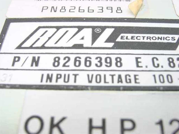Roal Electronics 8266398 label closeup showing part number PN 8266398, E.C. 82, Input Voltage 100, and HP compatibility marking