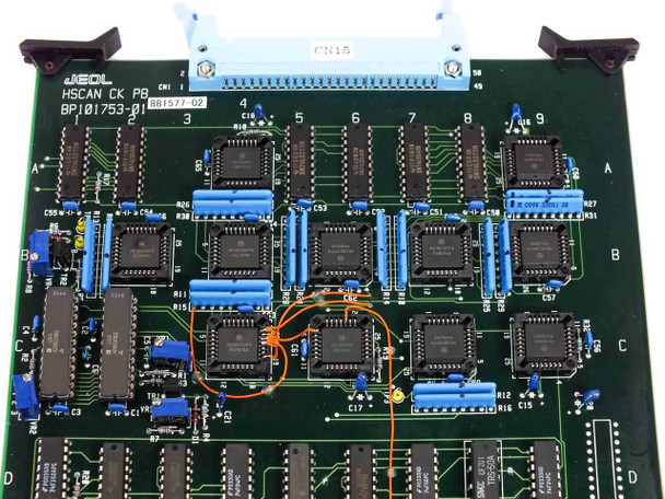 JEOL HSCAN CK PB BP101753-01 – full top-side view showing large PLCC ICs, DIP ICs, CN15 connector, and 881577-02 label