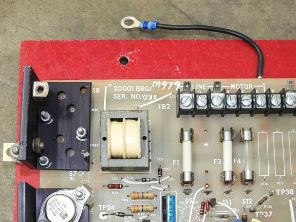 Volkmann 20001BBG1M1021 AD-1 drive board label detail showing part number, serial number, and LINE/MOTOR terminal block TB2 with inline fuses F1, F3, F4
