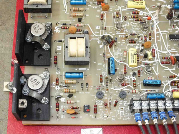 Volkmann AD-1 drive board lower section showing A4202 power transistors, ACCEL TIMER and CURRENT LIMIT trim adjustments, terminal block P3/P4, and multi-conductor wiring