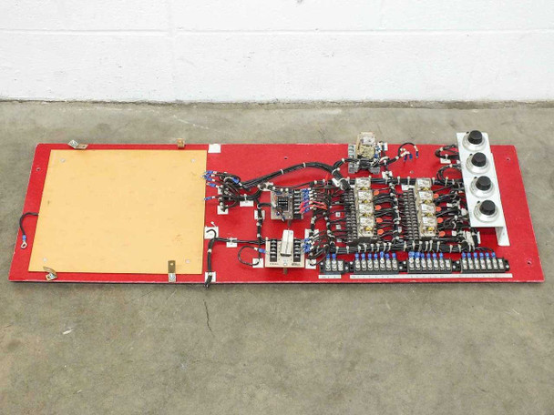 Volkmann 70545AA 70490AA drive control panel – full panel overview laid flat showing red backplane, relay cluster, terminal blocks, and potentiometer assembly