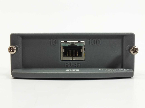 HP Jetdirect 620n J7934G front faceplate showing single RJ-45 port with 10/100 indicators and HP logo