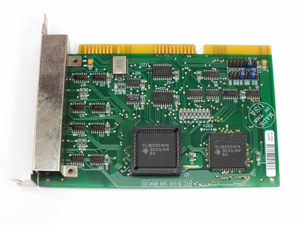 Boca Research 4522 ISA Modem Card – front PCB alternate angle showing dual TI TL16C554FN UARTs and Made in USA label