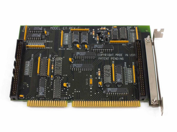 Model ET REV C1 16-bit ISA dual-channel I/O board — top component side showing ICs, resistor networks, and DB25 bracket connector