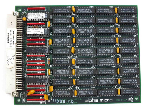 Alpha Micro AM-715 4MB Memory Expansion Board REV B — angled top view showing full component layout, alpha micro logo, and MADE IN USA marking