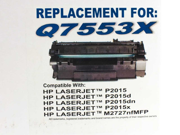 HP Q7553X 53X replacement toner cartridge label — lists compatible HP LaserJet P2015, P2015d, P2015dn, P2015x, and M2727nfMFP printers