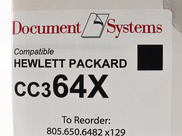 Document Systems CC364X toner cartridge box label close-up showing Compatible Hewlett Packard CC364X model number and reorder information
