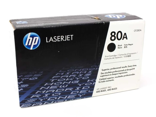 HP CF280A 80A Black LaserJet Toner Cartridge retail box — front view showing HP logo, 80A model number, and compatible printer list