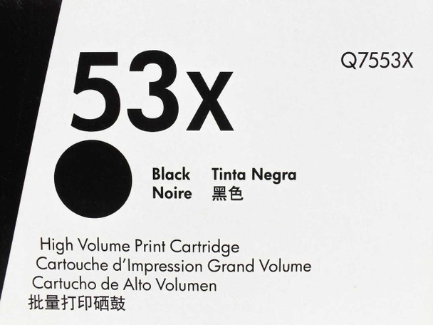 HP Q7553X 53X Black High Volume Print Cartridge — side panel close-up confirming black color and high volume cartridge designation
