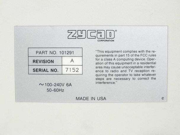 Zycad XP-140 specification label showing Part No. 101291, Revision A, 100-240V 6A 50-60Hz, Made in USA, FCC Class A