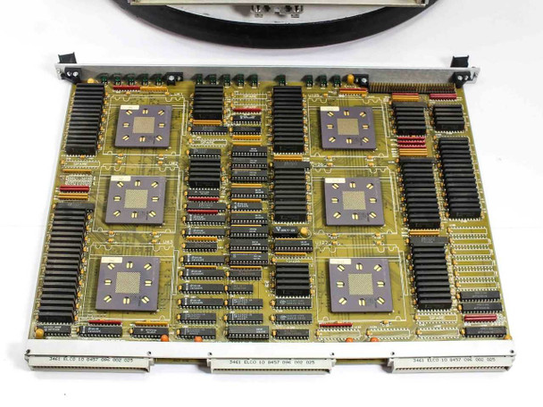 Zycad SM Board FAB 101145-B close-up showing gold-topped custom ASICs, DIP ICs, and memory array on gold PCB substrate