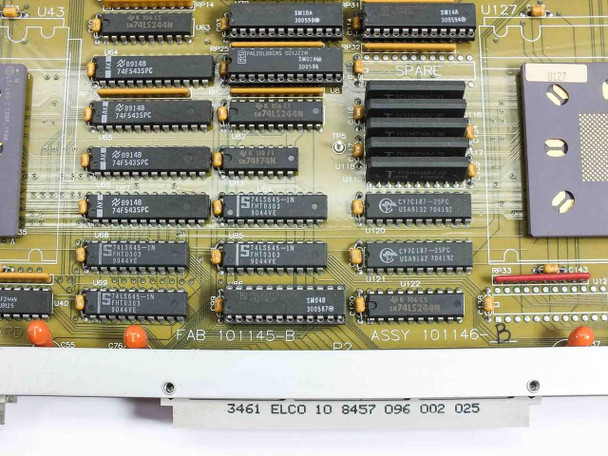 Zycad SM Board component detail showing 74FS logic ICs, Zycad custom ICs, SPARE socket area, FAB 101145-B and ASSY 101146-B markings, ELCO edge connector