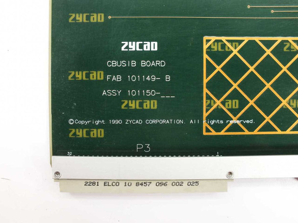 Zycad CBUSIB Board silk-screen label showing CBUSIB BOARD, FAB 101149-B, ASSY 101150-A, Copyright 1990 Zycad Corporation, connector P3