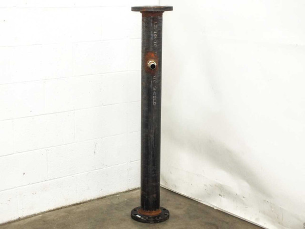 Wheatland 4-inch Schedule 40 ASTM A53 steel pipe spool standing vertically showing full 48-inch length with socket weld flanges at both ends and MIC Shield coating