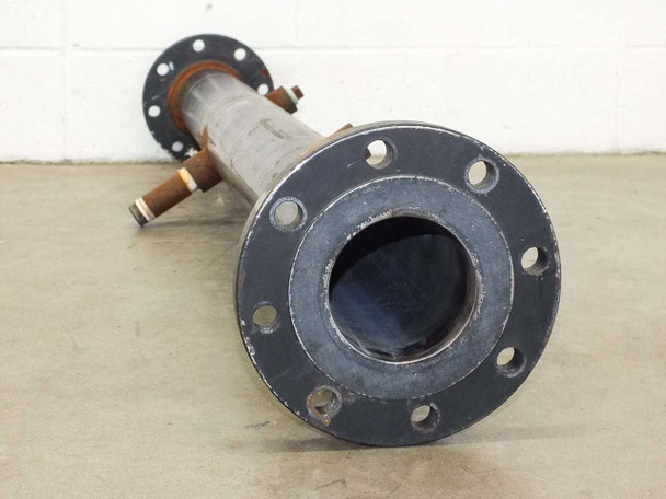 End view of 4-inch Schedule 40 pipe showing Class 150 socket weld raised face flange with bolt holes, pipe bore visible, second flange visible at far end