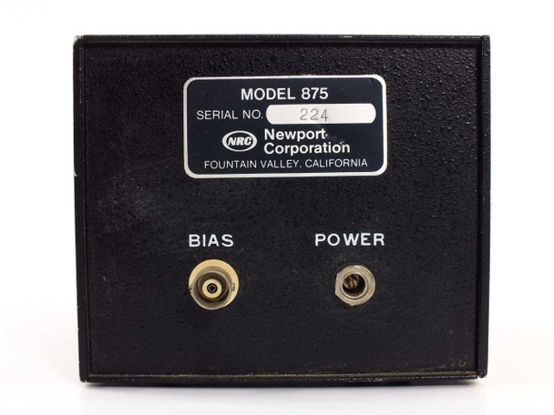 Newport NRC 875 PIN Photodiode Supply rear panel close-up showing serial number label and BIAS and POWER output jacks