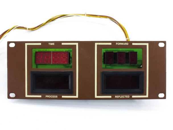 Drytek 2800042 display board front panel straight-on view showing four display windows — TIME, PROCESS, FORWARD, REFLECTED — with red LED segments illuminated