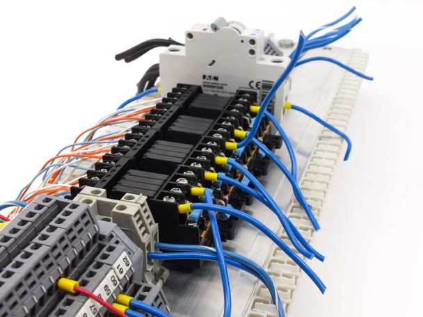 Top-down view of Eaton WMZS1C05 breaker and RS4N-DE relay card section with blue and orange wiring