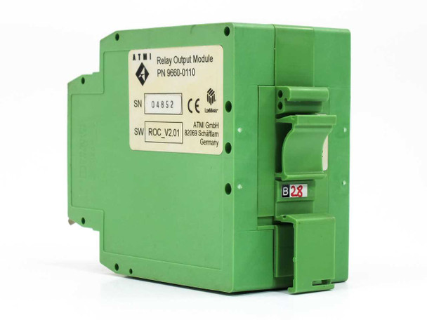 ATMI 9660-0110 Relay Output Module – angled left-side view showing green DIN rail housing and label with part number, serial number SN 04852, and SW ROC_V2.01