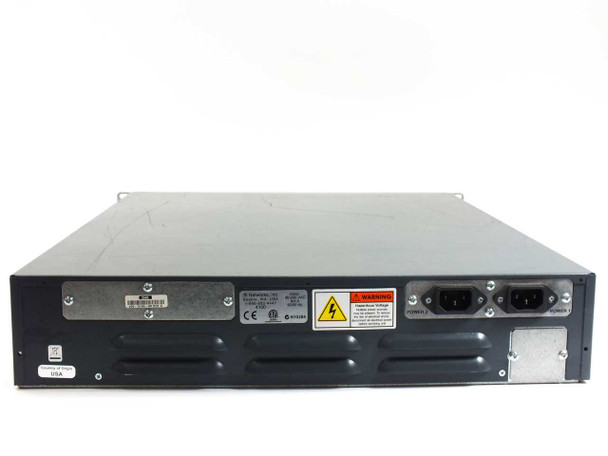 F5 Networks 4100 FirePass — rear panel view showing dual IEC C13 power inlets, regulatory label, CE and ETL markings, and ventilation slots