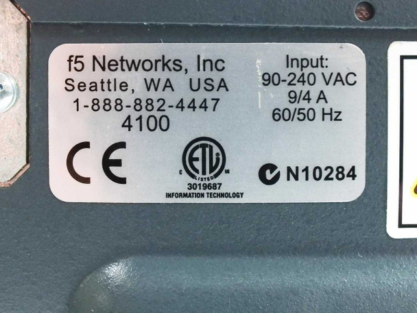 F5 Networks 4100 FirePass — rating label showing model 4100, F5 Networks Inc. Seattle WA, input 90–240 VAC 9/4 A 60/50 Hz, CE, ETL, and N10284 marks