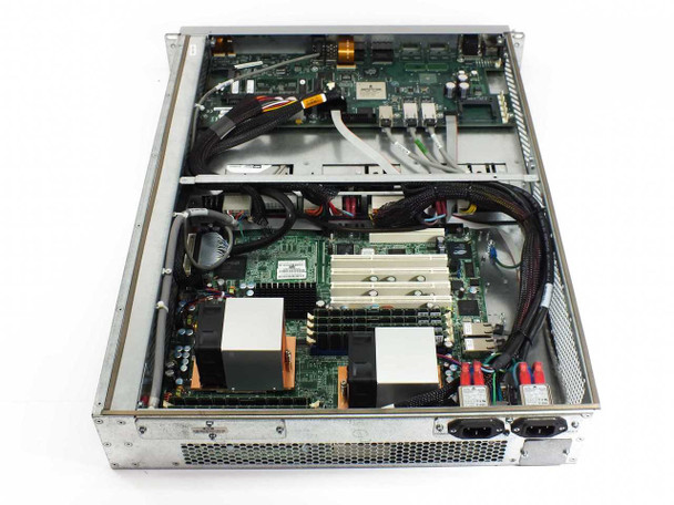 F5 Networks 4100 FirePass — interior view showing main motherboard with dual processor heatsinks, memory slots, PCI expansion slots, and internal cabling
