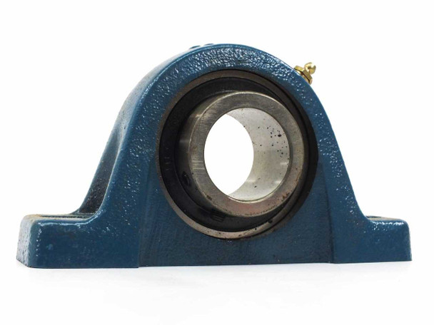 MB Manufacturing CL25 1-11/16 cast iron pillow block mounted ball bearing – left side view showing blue powder coat housing and grease fitting