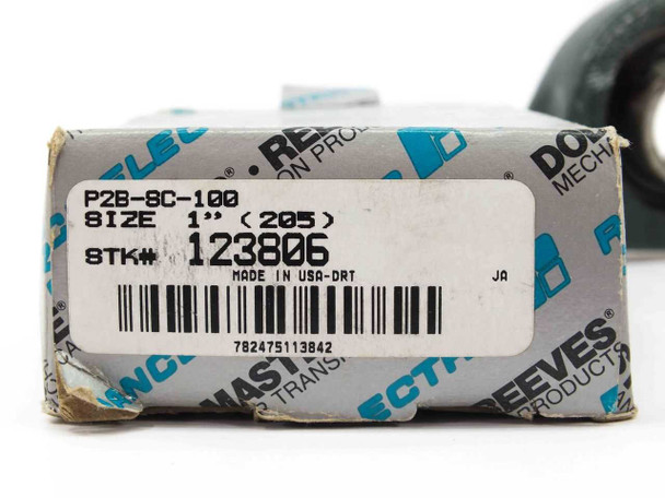 Dodge P2B-8C-100 box label showing model number, 1-inch bore size, STK# 123806, and Made in USA marking