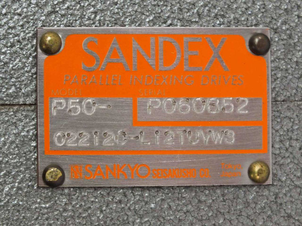 Sankyo Sandex P50 nameplate showing model P50, serial P060852, configuration code 022120-L121UVW3, Sankyo Seisakusho Co. Japan