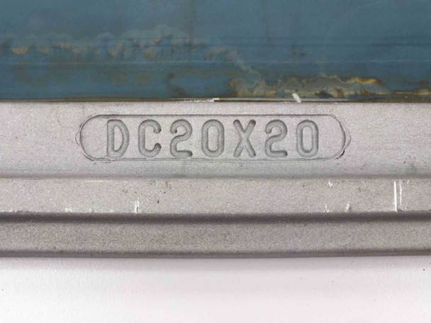 MicroScreen DC20X20 model number embossed on aluminum frame rail — close-up detail
