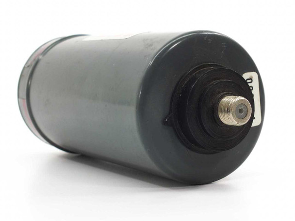 Barcom KM 510 waveguide attenuator – side view showing opposite end with SMA connector output and label sticker