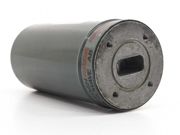 Barcom KM 510 11 GHz 1.0 dB waveguide attenuator – angled view showing cylindrical body with Swedish Microwave AB label and rectangular waveguide port end