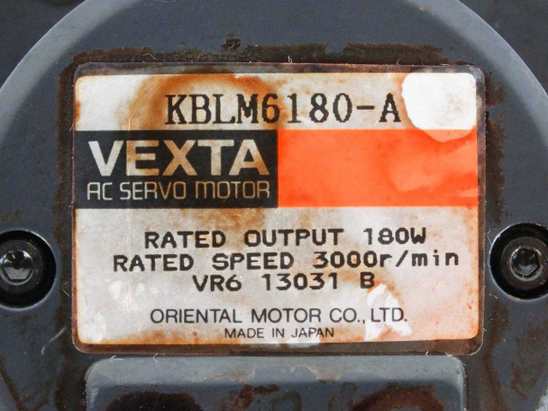 Vexta KBLM6180-A motor nameplate label reading: RATED OUTPUT 180W, RATED SPEED 3000r/min, VR6 13031 B, Oriental Motor Co. Ltd., Made in Japan